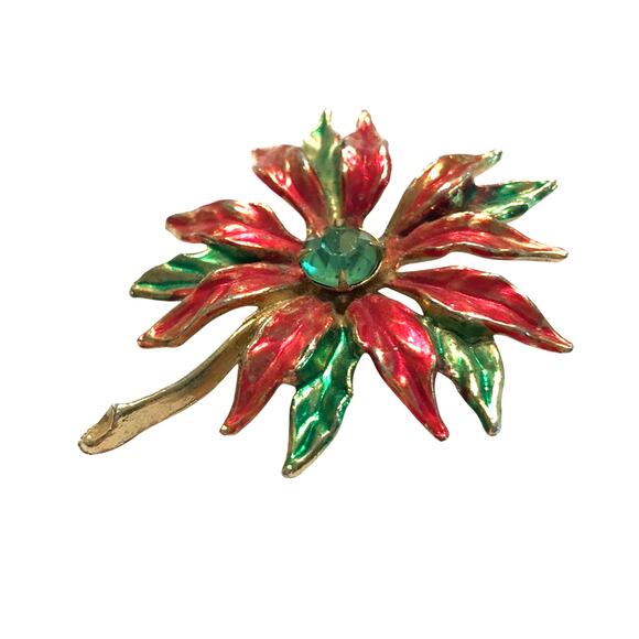 Vintage Christmas Brooch goldtone pin festive red poinsettia & green rhinestone - Picture 2 of 5